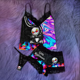 The Wonder Skull Women's Pajama Set combines comfort and allure with a deep V-neckline, lace details, adjustable straps, and a mini length to highlight your curves. Perfect for stylish lounging and cozy sleep, it adds a touch of charm to your day.